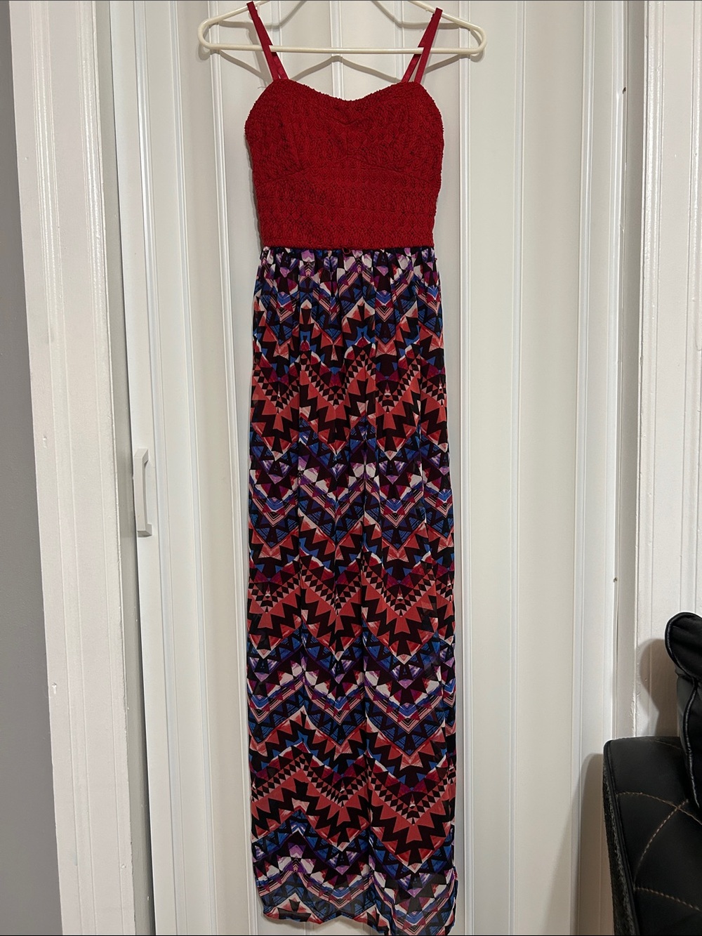 Lily Rose Boho Chevron Maxi Dress Red Lace Bodice, Size S (Junior)